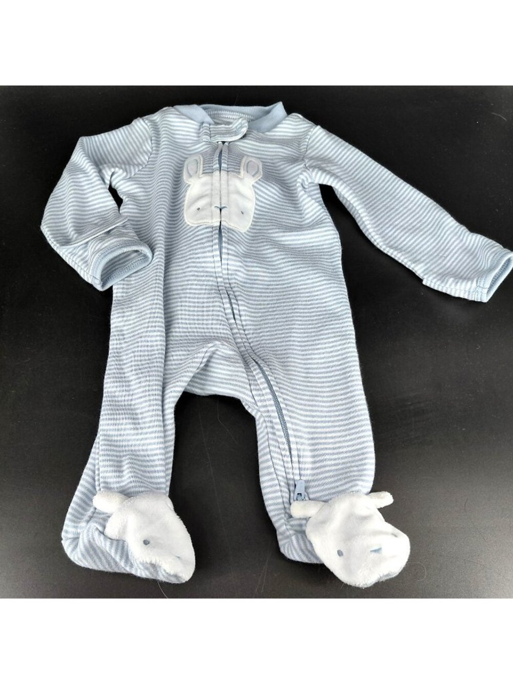 One Piece Sleeper Pajamas Boys 0-3 Months Blue Stripe Bunny Rabbit Animal Footed